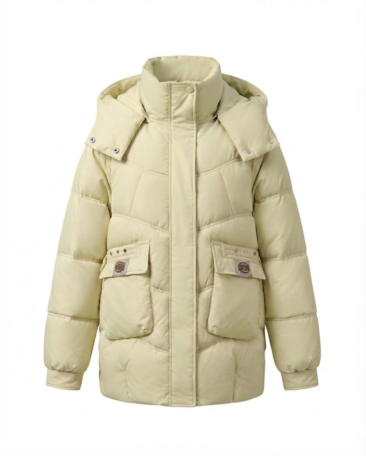 Dam Mid-Length Vadderad Parka med Hög Stå Krage Lock, Stowable Huva, och Stora Cargo Fickor