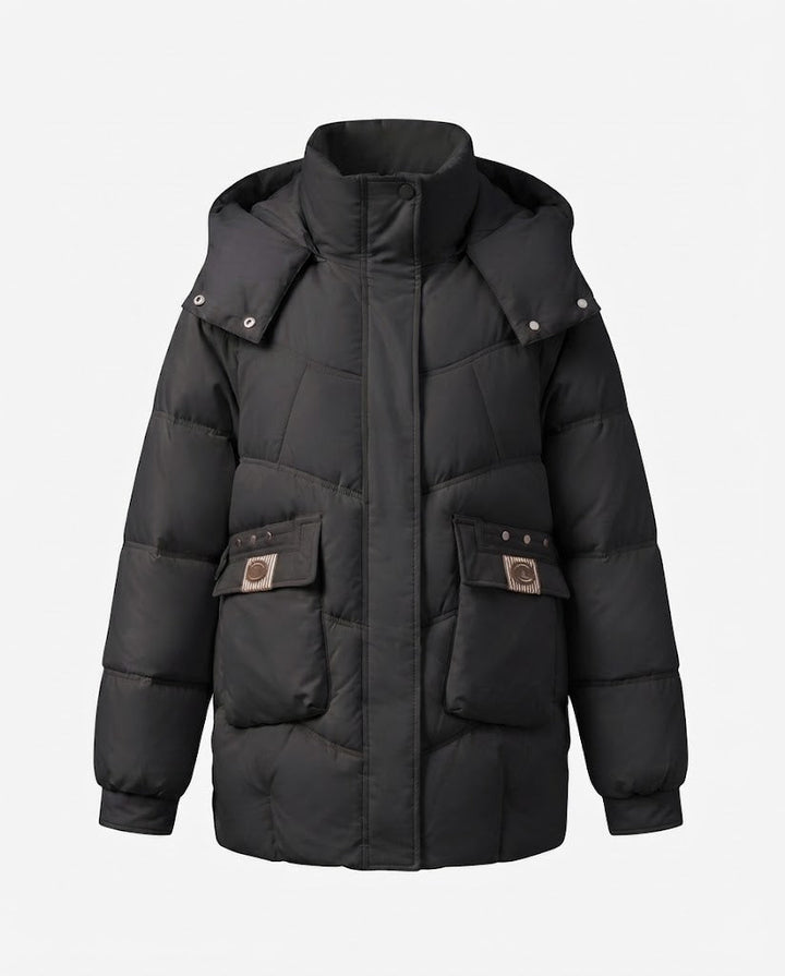 Dam Mid-Length Vadderad Parka med Hög Stå Krage Lock, Stowable Huva, och Stora Cargo Fickor