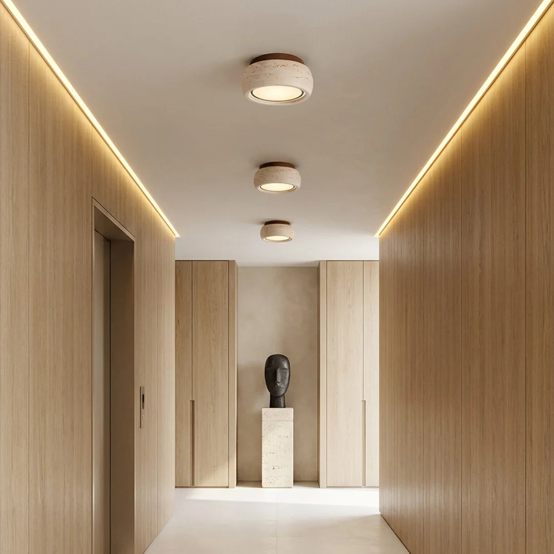 Flush Mount Entry Light Wabi-Sabi Travertine and Wood LED Light
