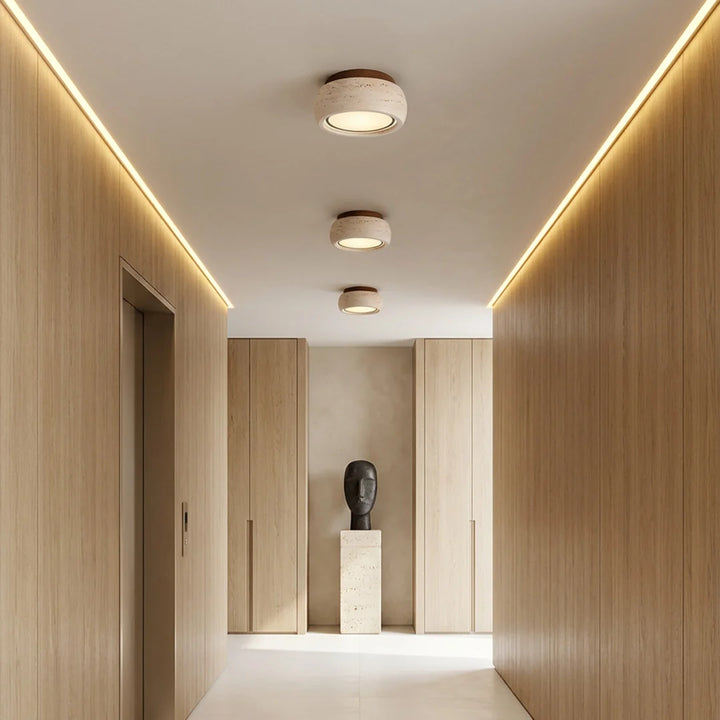 Flush Mount Entry Light Wabi-Sabi Travertine and Wood LED Light