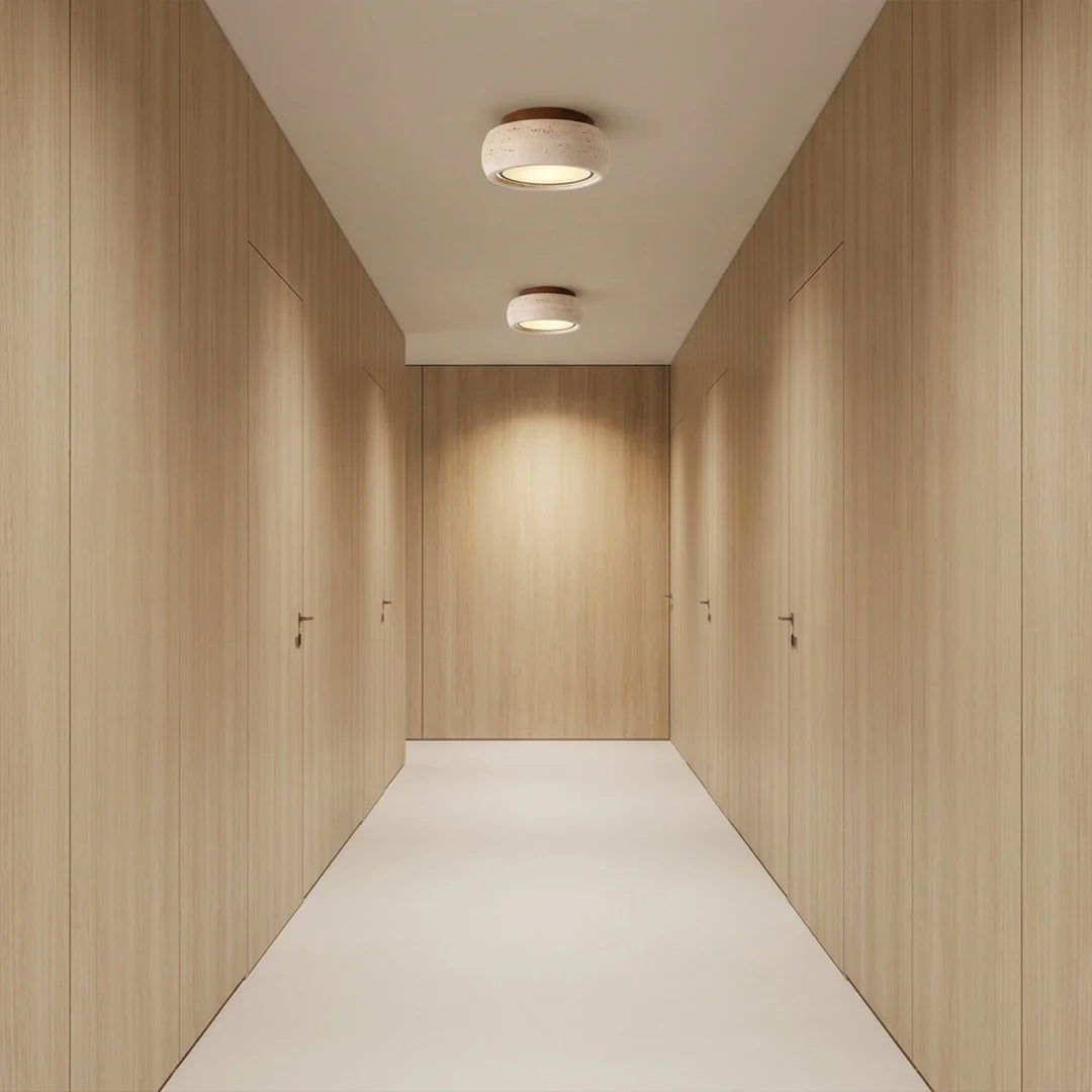 Flush Mount Entry Light Wabi-Sabi Travertine and Wood LED Light