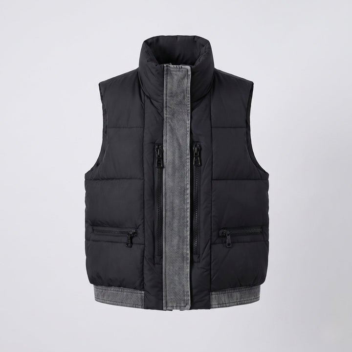 Dam Quiltad Sleeveless Quiltad Väst med Hög Krage, Jeans-Look Inner Lock och Dold Dragkedja Fickor