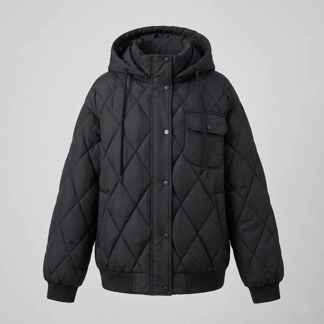 Dam Oversize Kort Jacka med Diamant Quilting, Stå Krage, och Lock Fickor