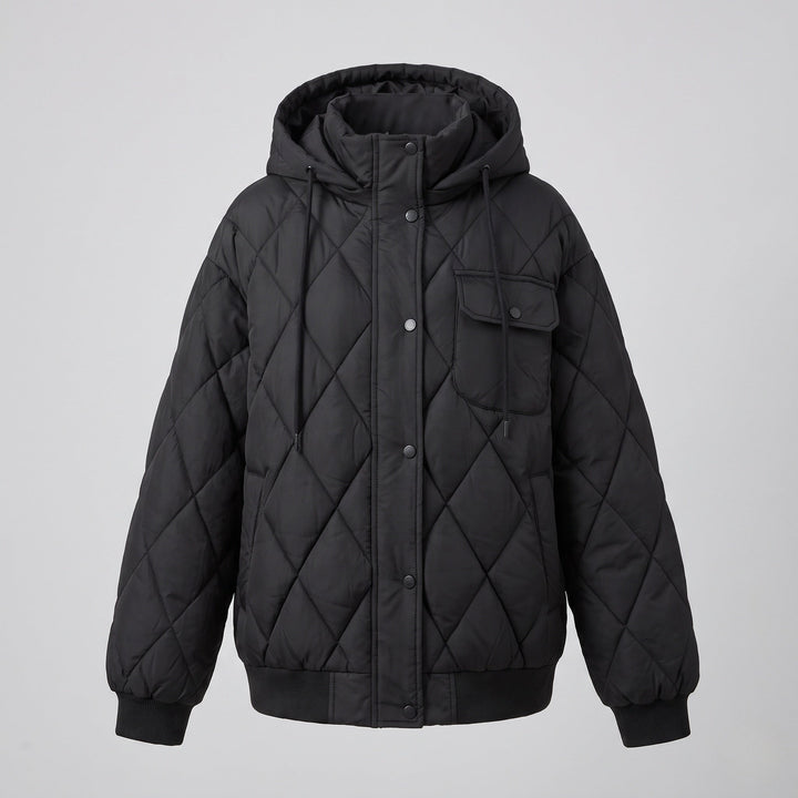Dam Oversize Kort Jacka med Diamant Quilting, Stå Krage, och Lock Fickor
