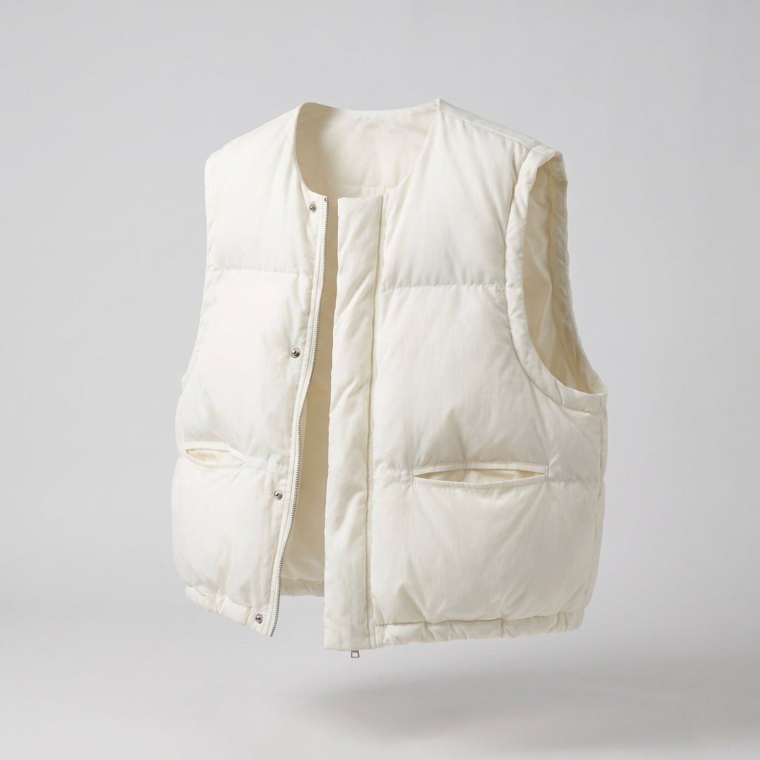 Dam Kort Quiltad Puffer Väst med Drawstring Nederkant, Tryckknapp Knapp och Dragkedja Front