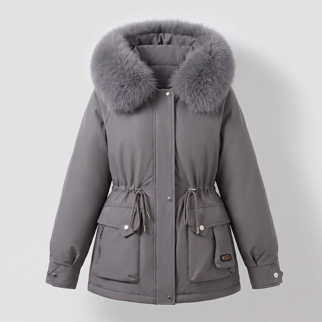 Dam Kort Isolerad Utility Parka med Modular Cargo Fickor och Voluminous Fur Krage