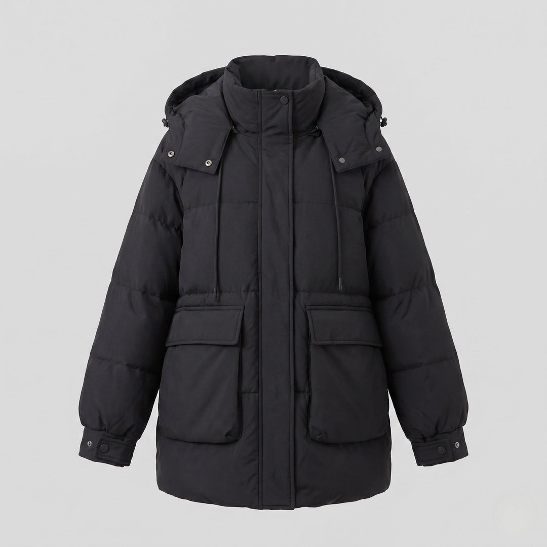 Dam Kort Oversize Vinter Parka med Voluminous Termisk Padding, Hög Stå Krage, och Extra Stora Lock Fickor