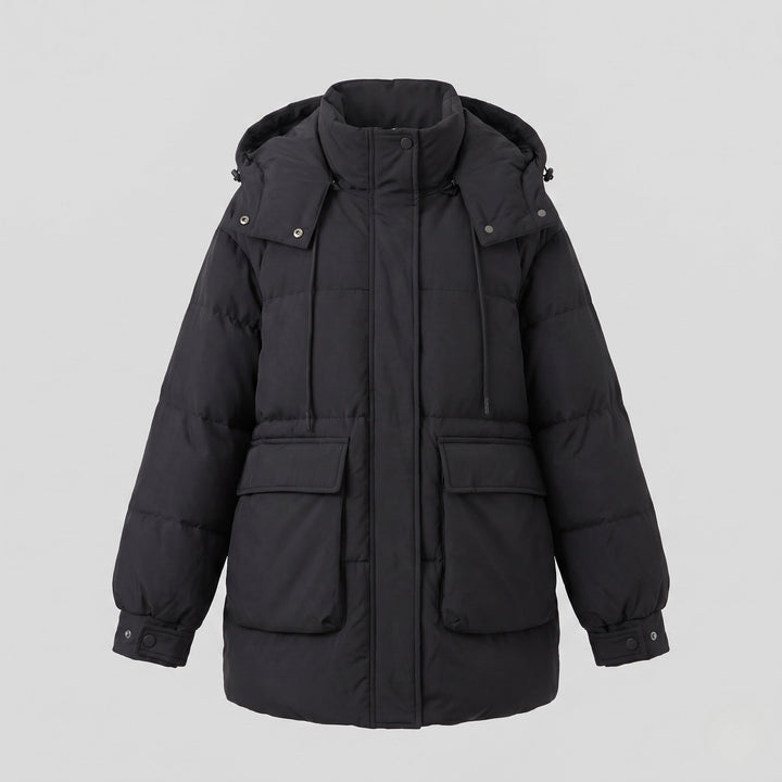 Dam Kort Oversize Vinter Parka med Voluminous Termisk Padding, Hög Stå Krage, och Extra Stora Lock Fickor