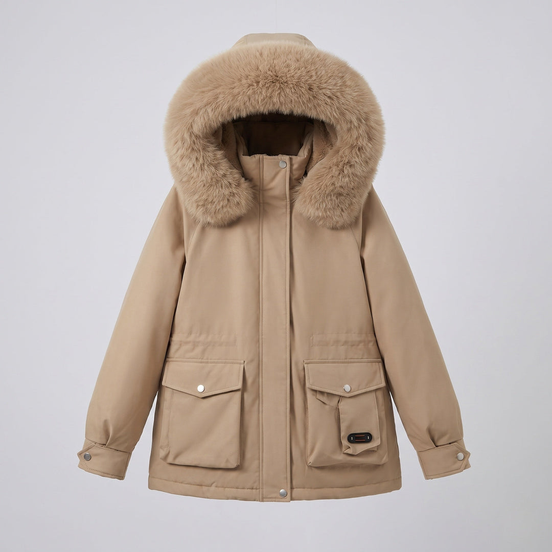 Dam Kort Isolerad Utility Parka med Modular Cargo Fickor och Voluminous Fur Krage