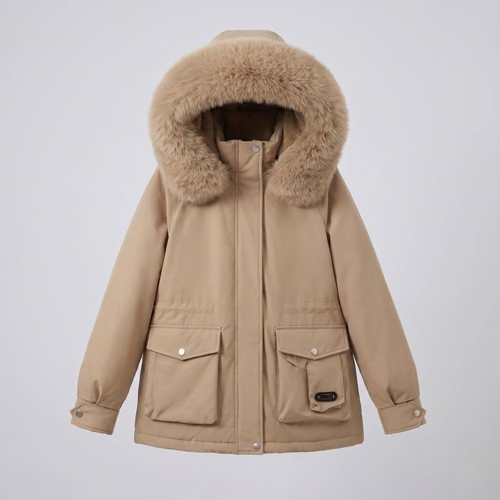 Dam Kort Isolerad Utility Parka med Modular Cargo Fickor och Voluminous Fur Krage