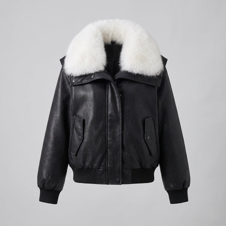 Dam Kort Lambskin Imitation Aviatorjacka med Voluminous Faux Fur Krage