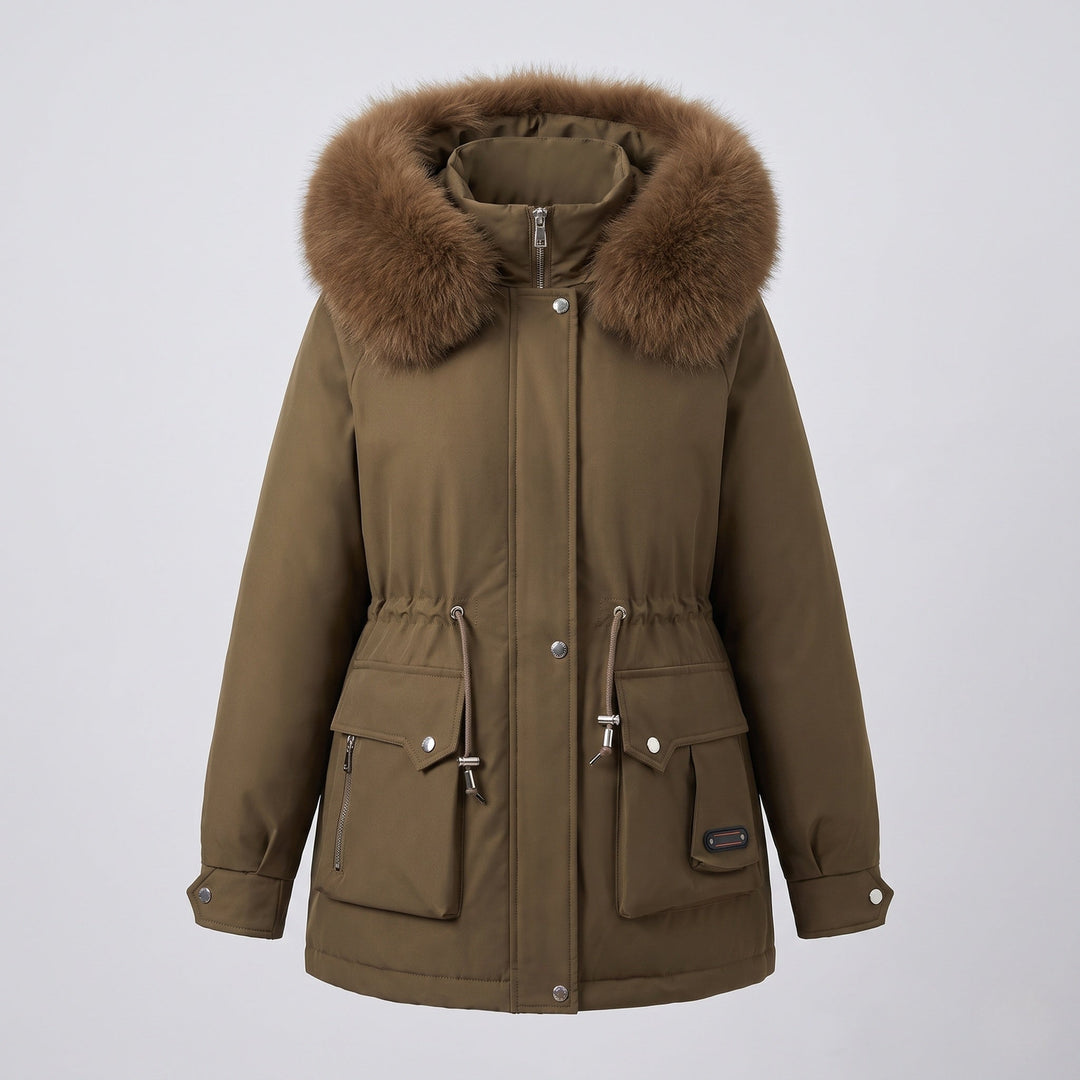 Dam Kort Isolerad Utility Parka med Modular Cargo Fickor och Voluminous Fur Krage