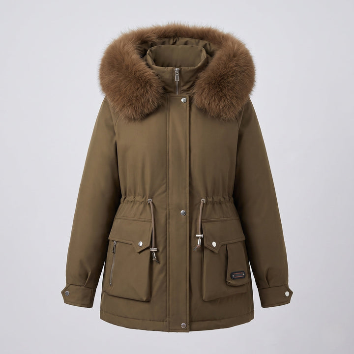 Dam Kort Isolerad Utility Parka med Modular Cargo Fickor och Voluminous Fur Krage