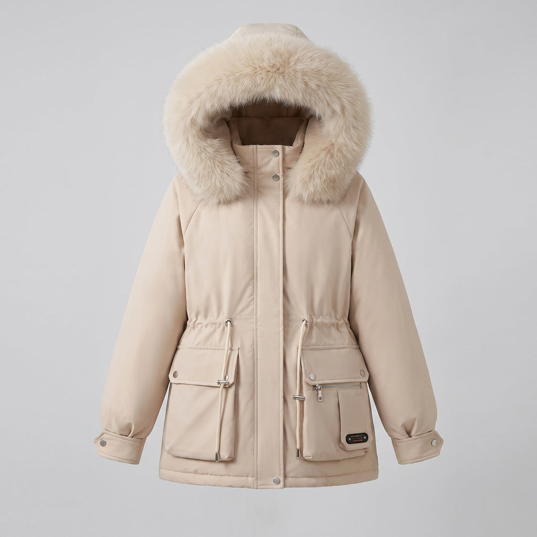 Dam Kort Isolerad Utility Parka med Modular Cargo Fickor och Voluminous Fur Krage