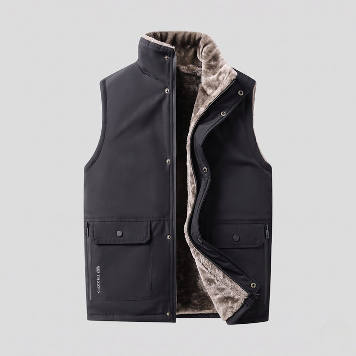 Herr Frilufts Termisk Väst med High-Pile Imitation Päls Foder, Vindtät Softshell, och Förvaring Fickor