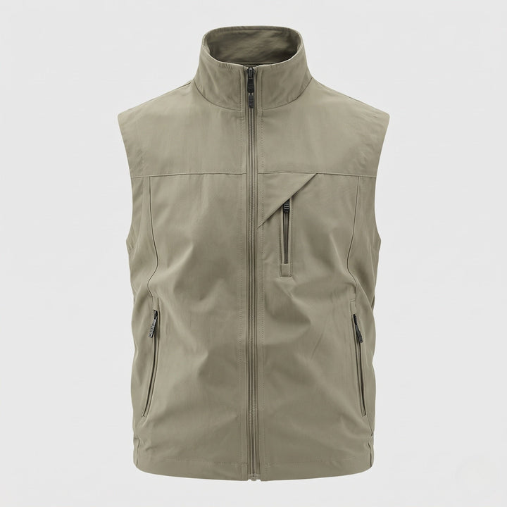 Herr Sleeveless Utility Väst med Stående Krage, Flera Dragkedjefickor och Wind-Resistant Skal