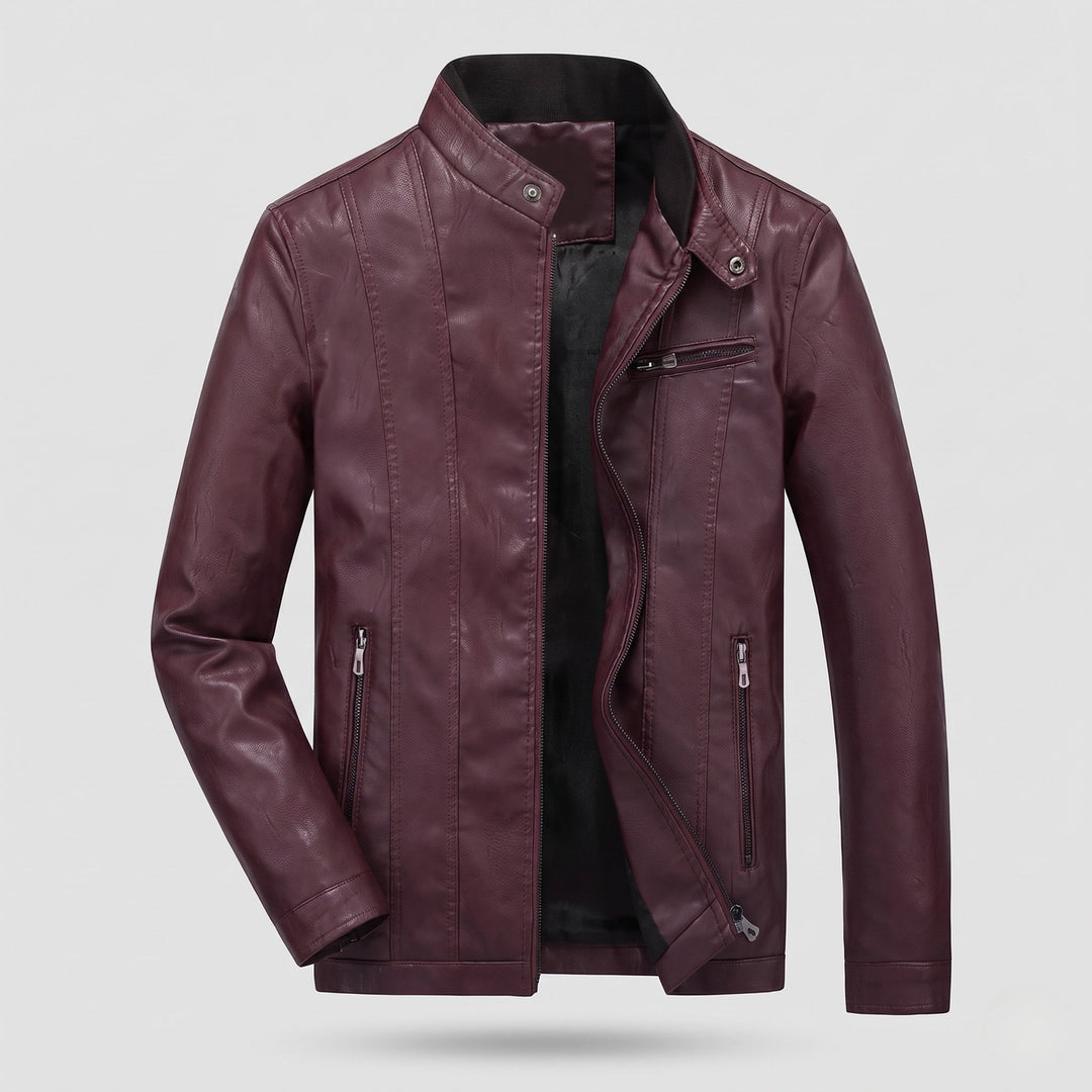 Herr Konstläder Jacka i Biker Stil med Stående Krage och Vertical Decorative Söm