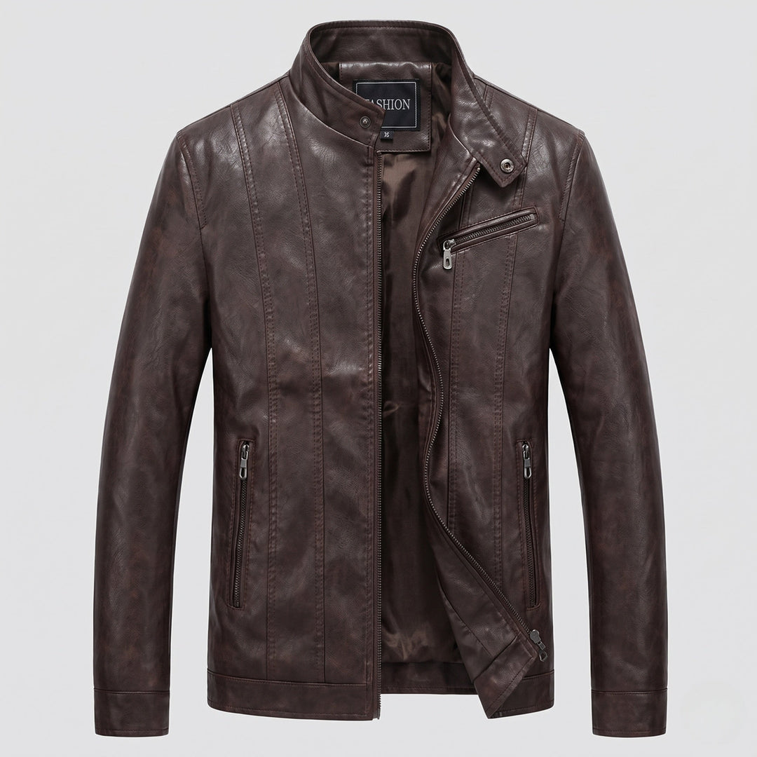Herr Konstläder Jacka i Biker Stil med Stående Krage och Vertical Decorative Söm