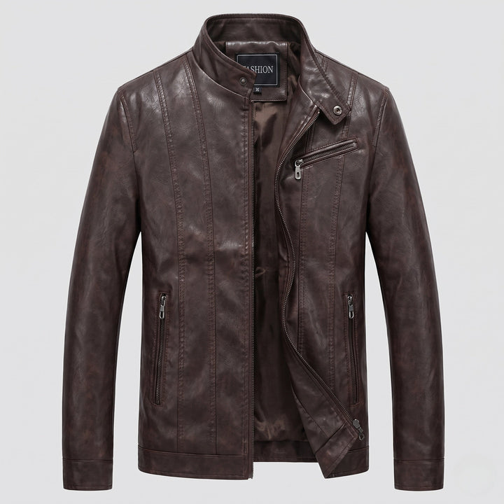 Herr Konstläder Jacka i Biker Stil med Stående Krage och Vertical Decorative Söm