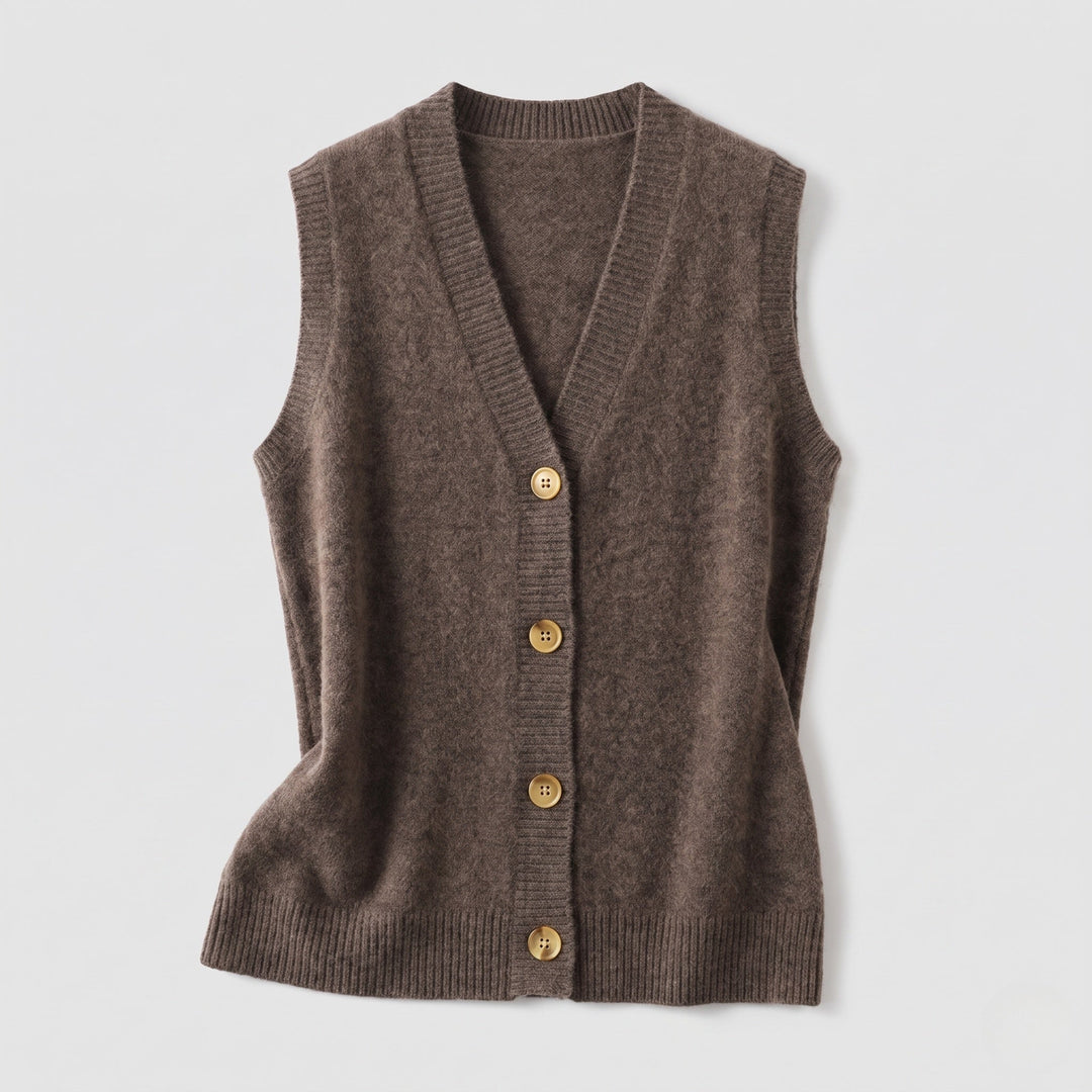 Dam Sleeveless Ullblandning Stickad Väst med V-ringad och Knapplist