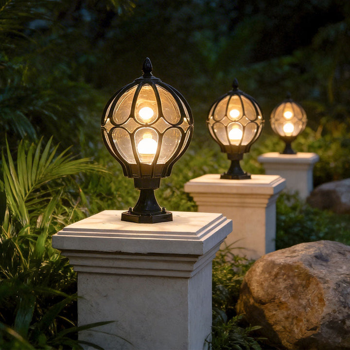 [Öppen Låda] Utomhus Glob Pelarlampor Retro Glas Glob Koppar Staketstolpe Lampa
