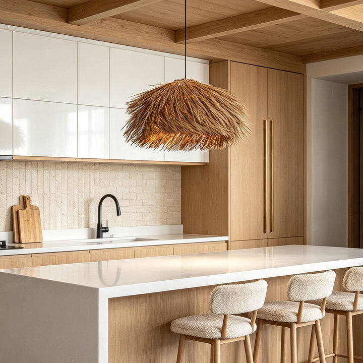Hängande Lampa i Rå Straw Rustik Lantlig Rattan Taklampa