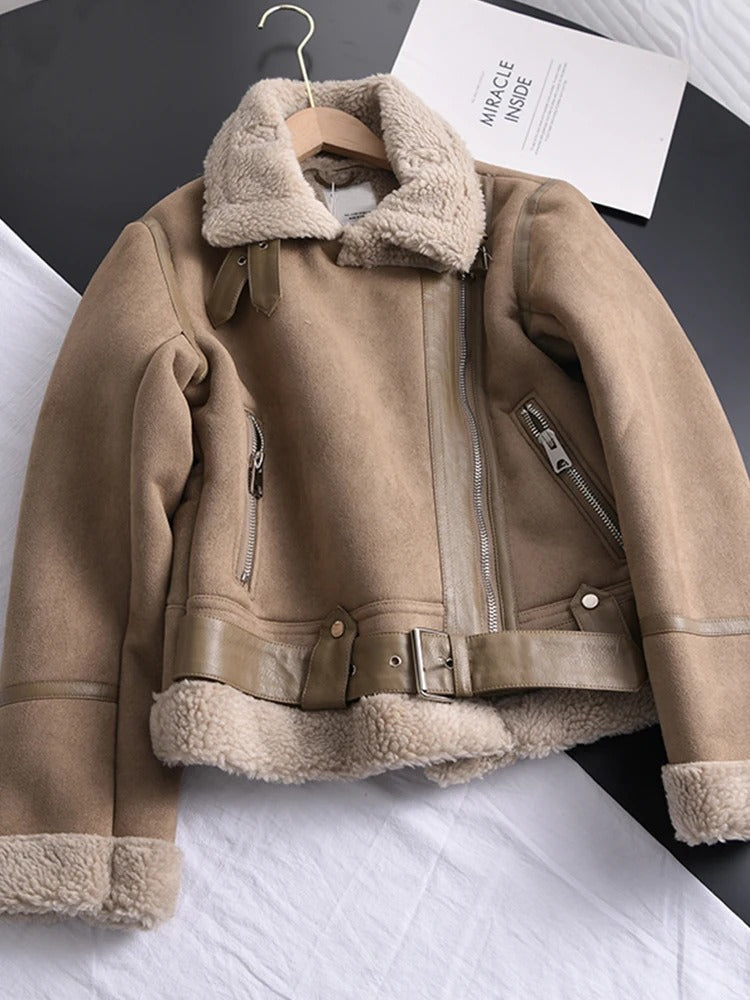 | Dam Läder Jacka med Shearling Foder Asymmetrical Dragkedja Belt