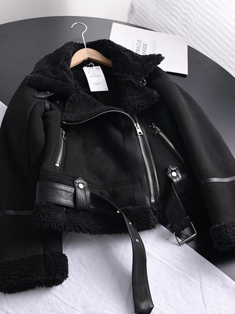 | Dam Läder Jacka med Shearling Foder Asymmetrical Dragkedja Belt